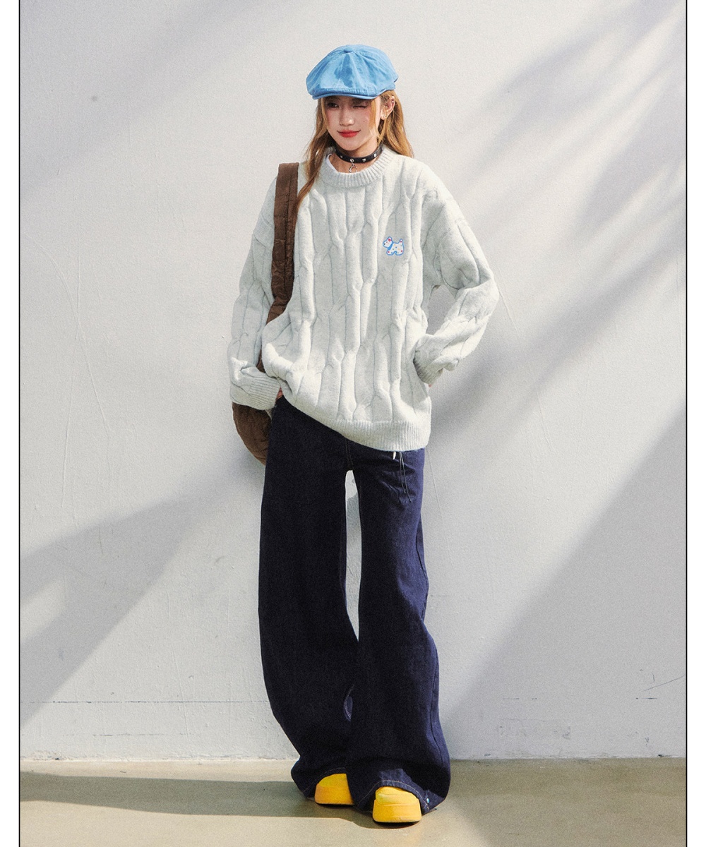 Dog embroidery sweater round neck pullover tops for women