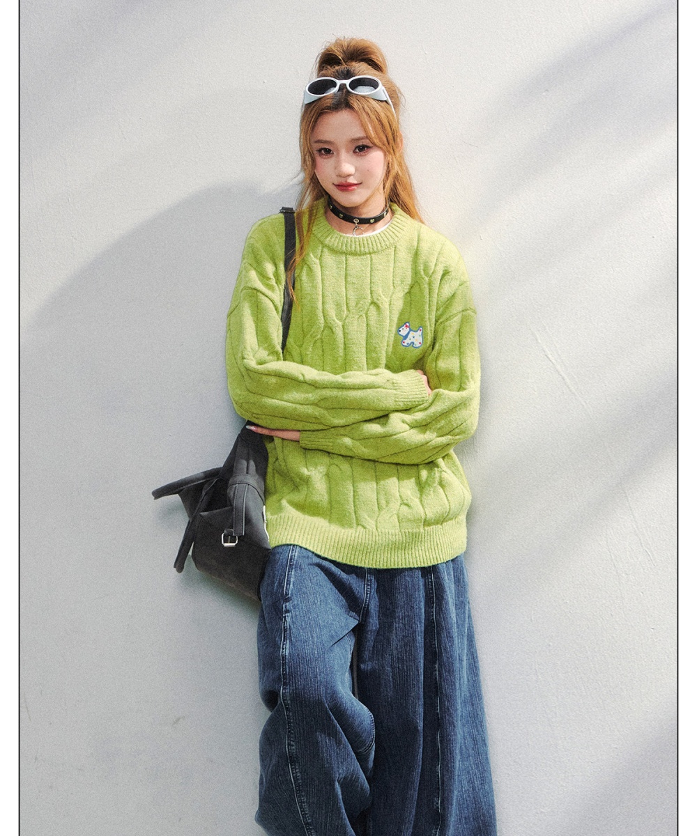 Dog embroidery sweater round neck pullover tops for women