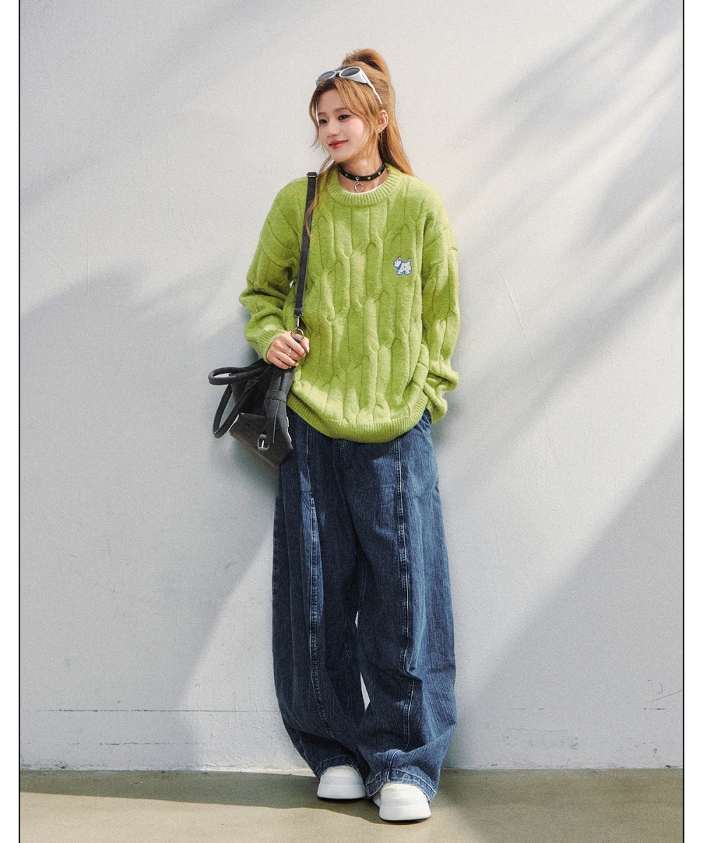 Dog embroidery sweater round neck pullover tops for women