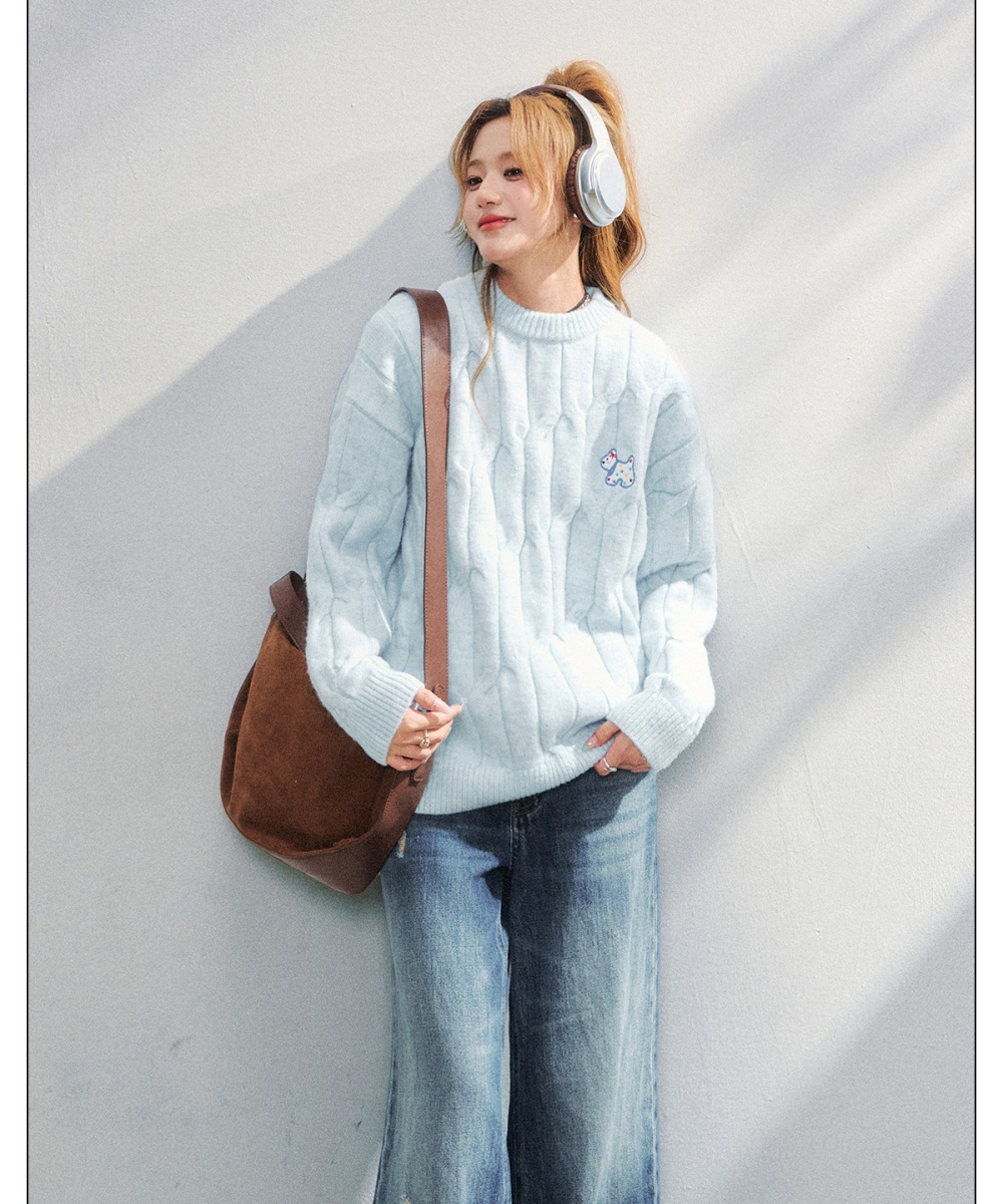 Dog embroidery sweater round neck pullover tops for women