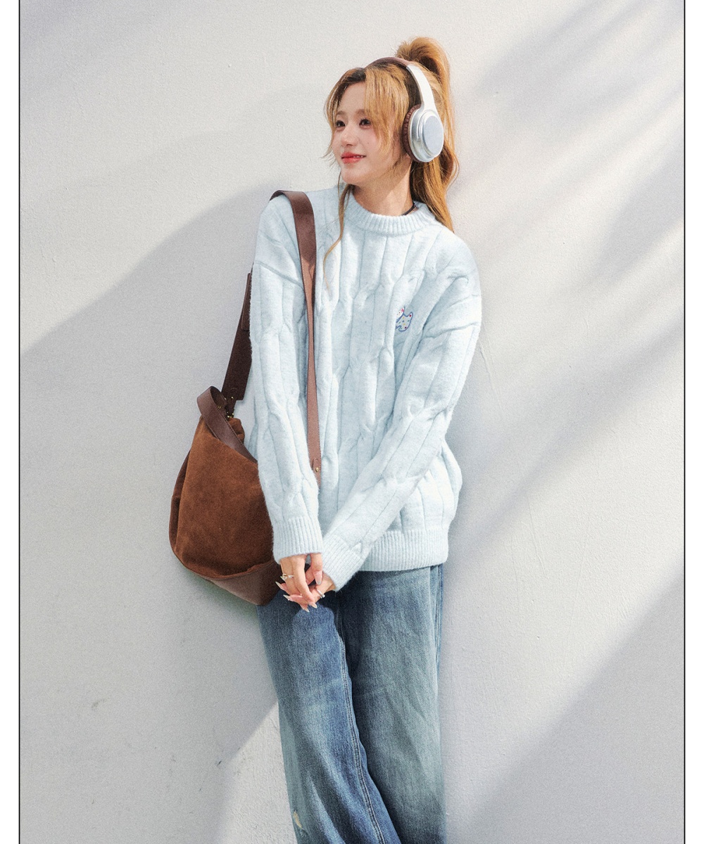 Dog embroidery sweater round neck pullover tops for women