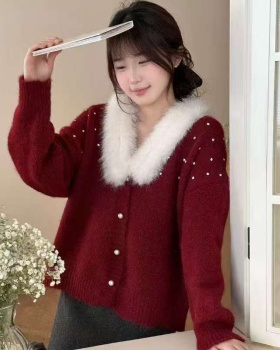 Fur collar knitted cardigan removable sweater for women