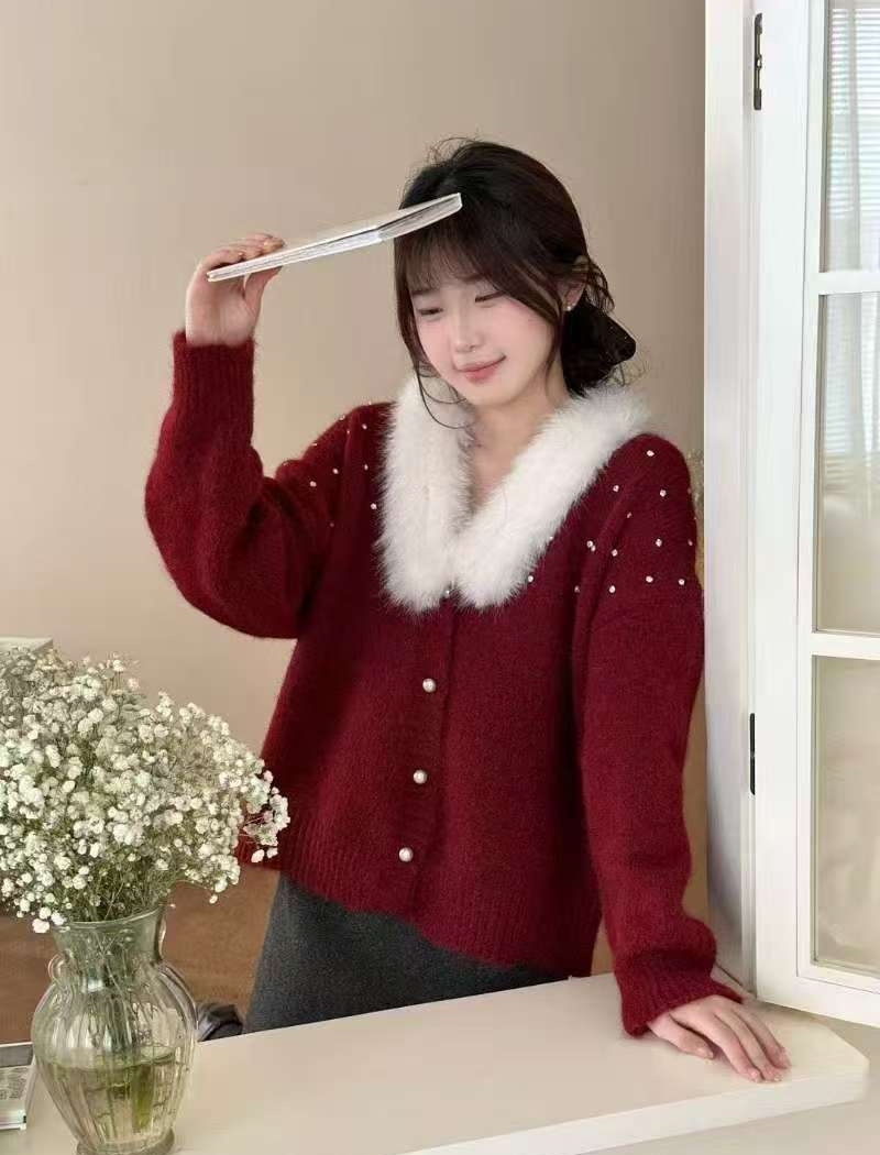 Fur collar knitted cardigan removable sweater for women