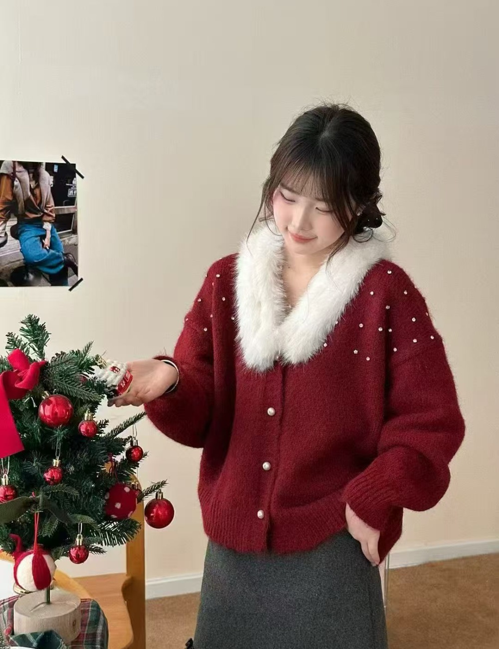 Fur collar knitted cardigan removable sweater for women