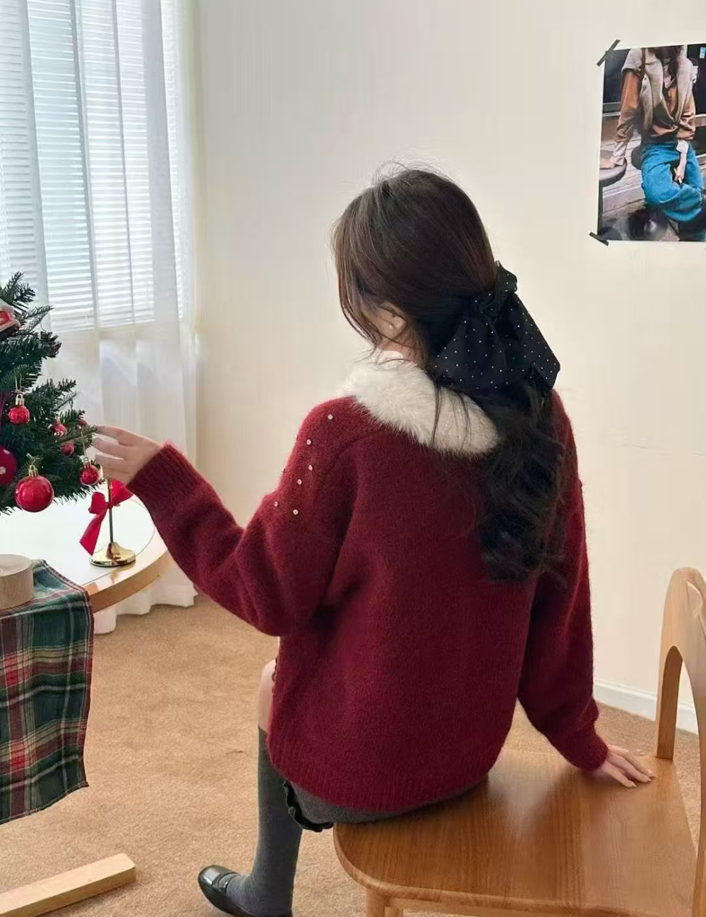 Fur collar knitted cardigan removable sweater for women