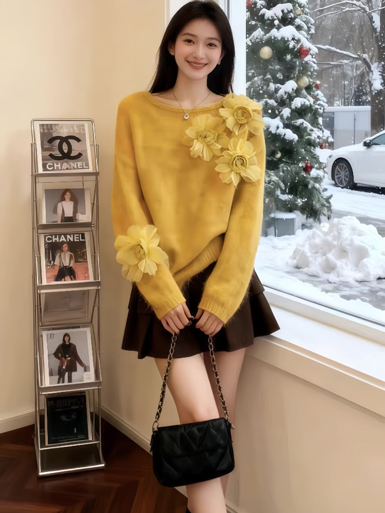 Flowers tender sweater loose pullover tops for women