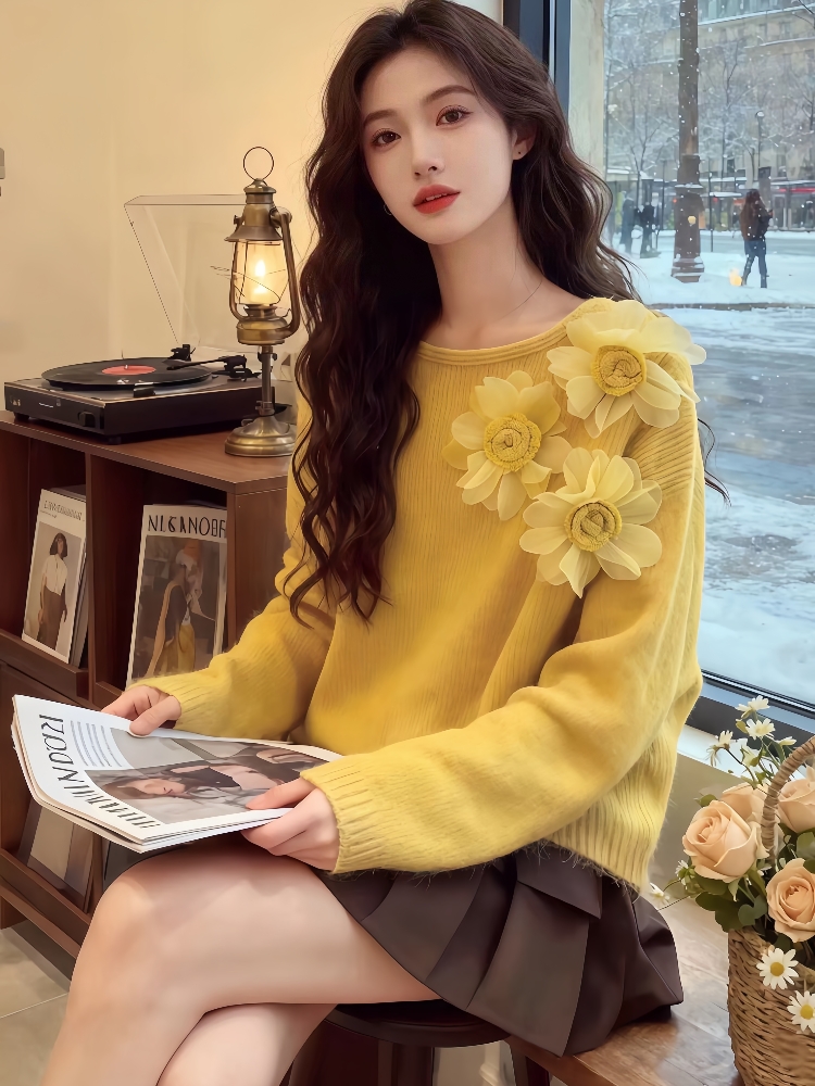 Flowers tender sweater loose pullover tops for women