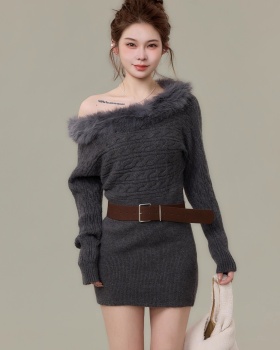 Horizontal collar winter red T-back knitted christmas dress