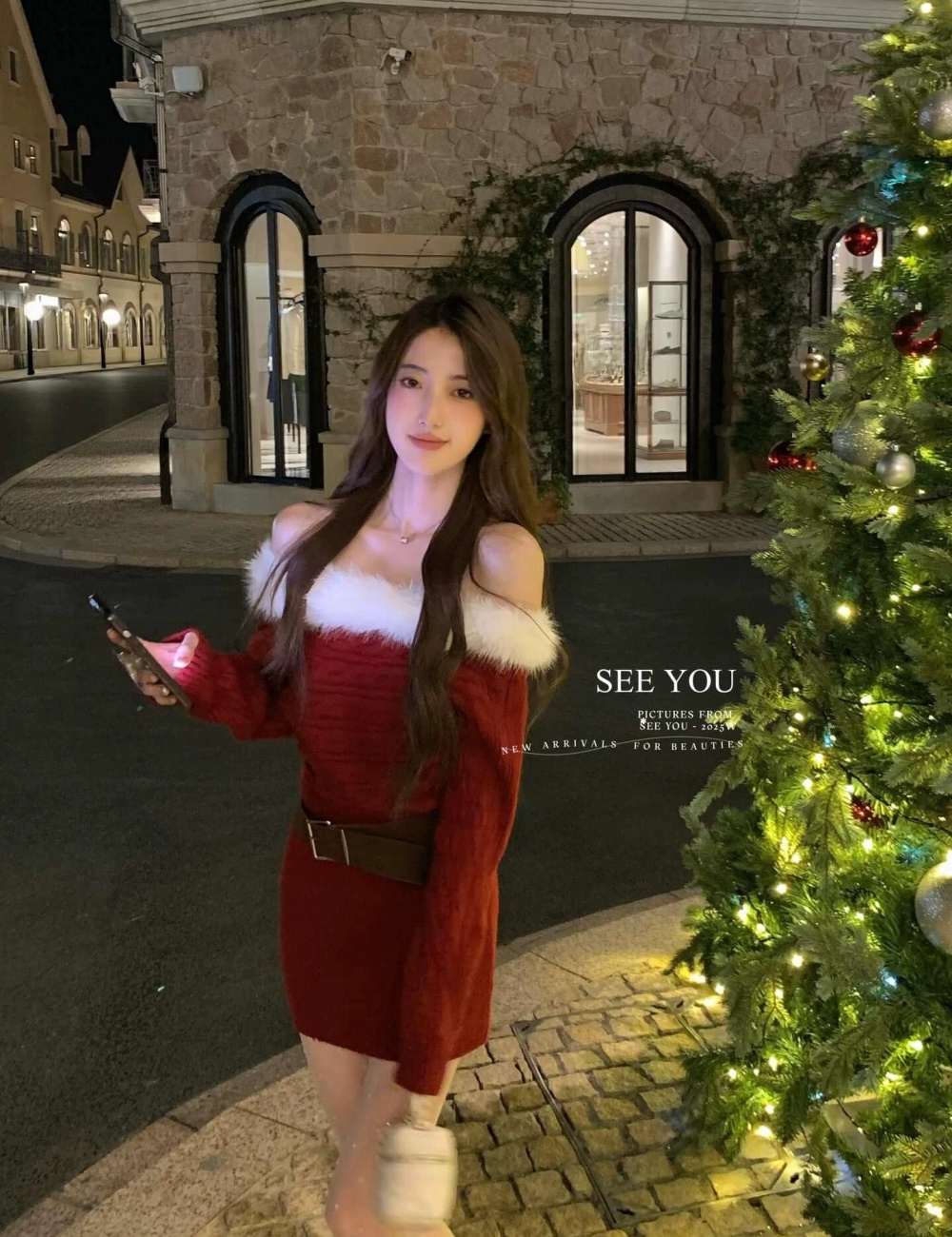 Horizontal collar winter red T-back knitted christmas dress