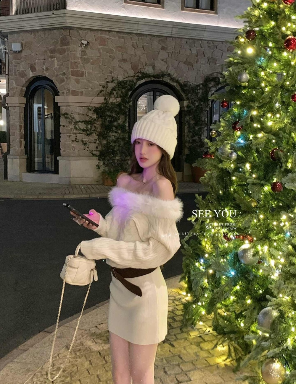 Horizontal collar winter red T-back knitted christmas dress