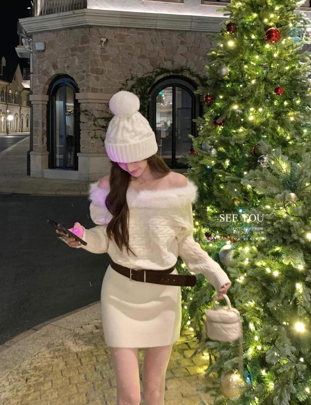 Horizontal collar winter red T-back knitted christmas dress