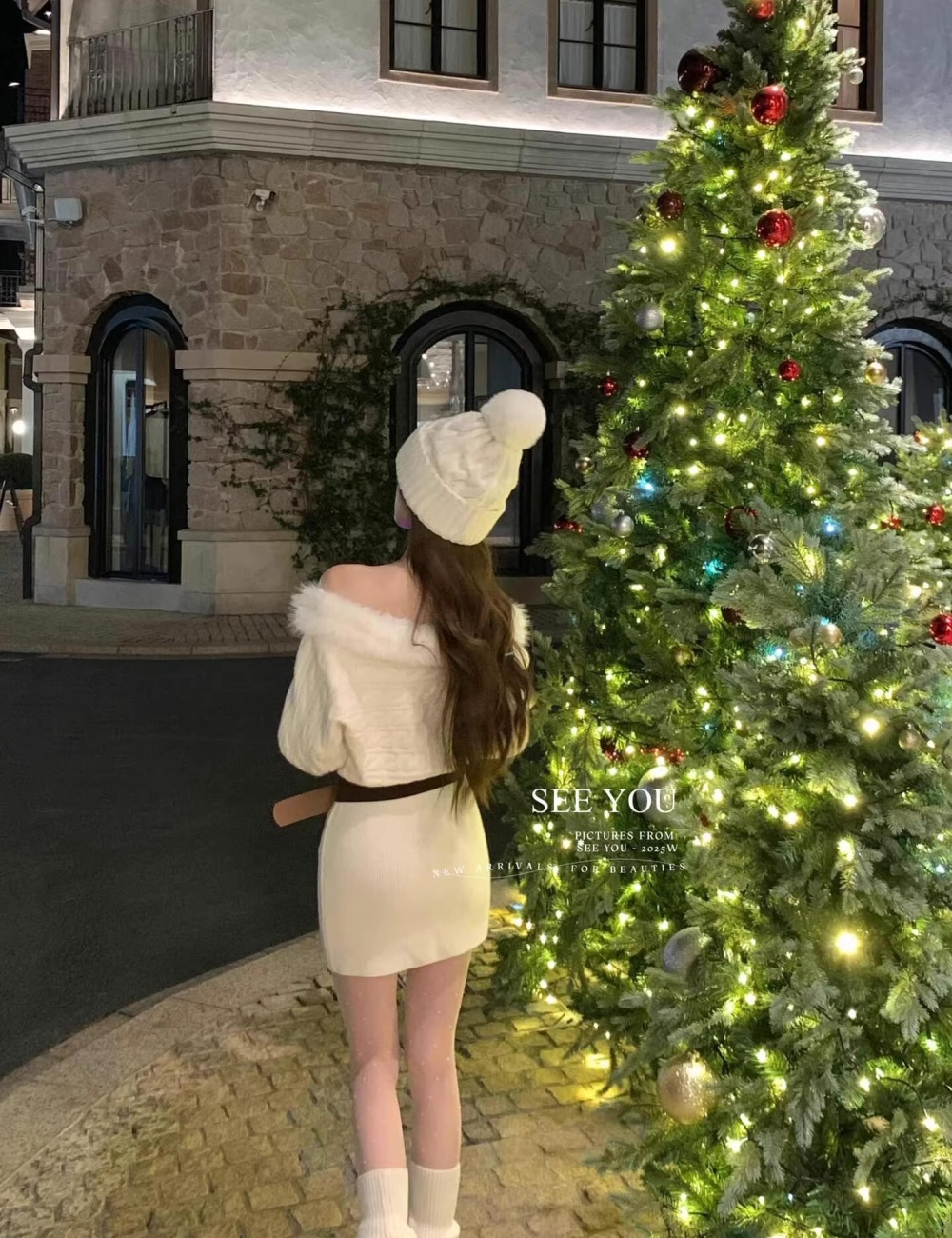 Horizontal collar winter red T-back knitted christmas dress