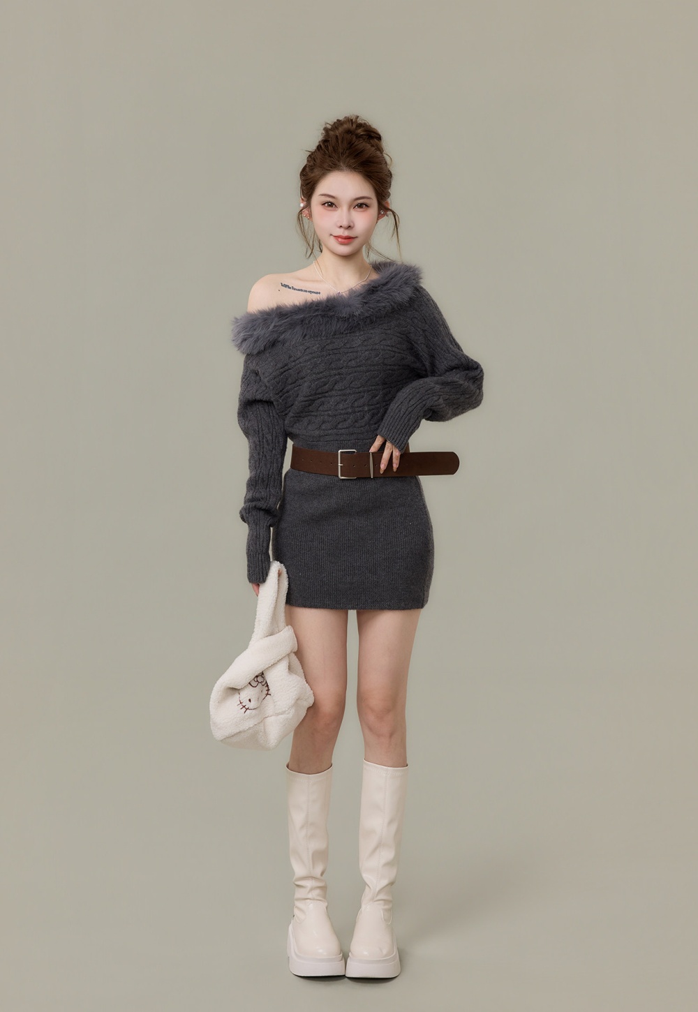 Horizontal collar winter red T-back knitted christmas dress