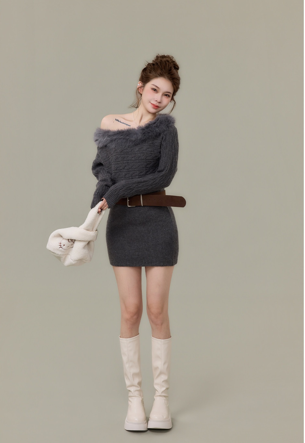 Horizontal collar winter red T-back knitted christmas dress