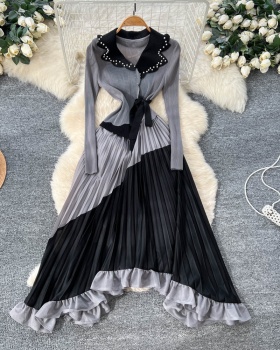 Pleated commuting fashion long sleeve slim dress for women