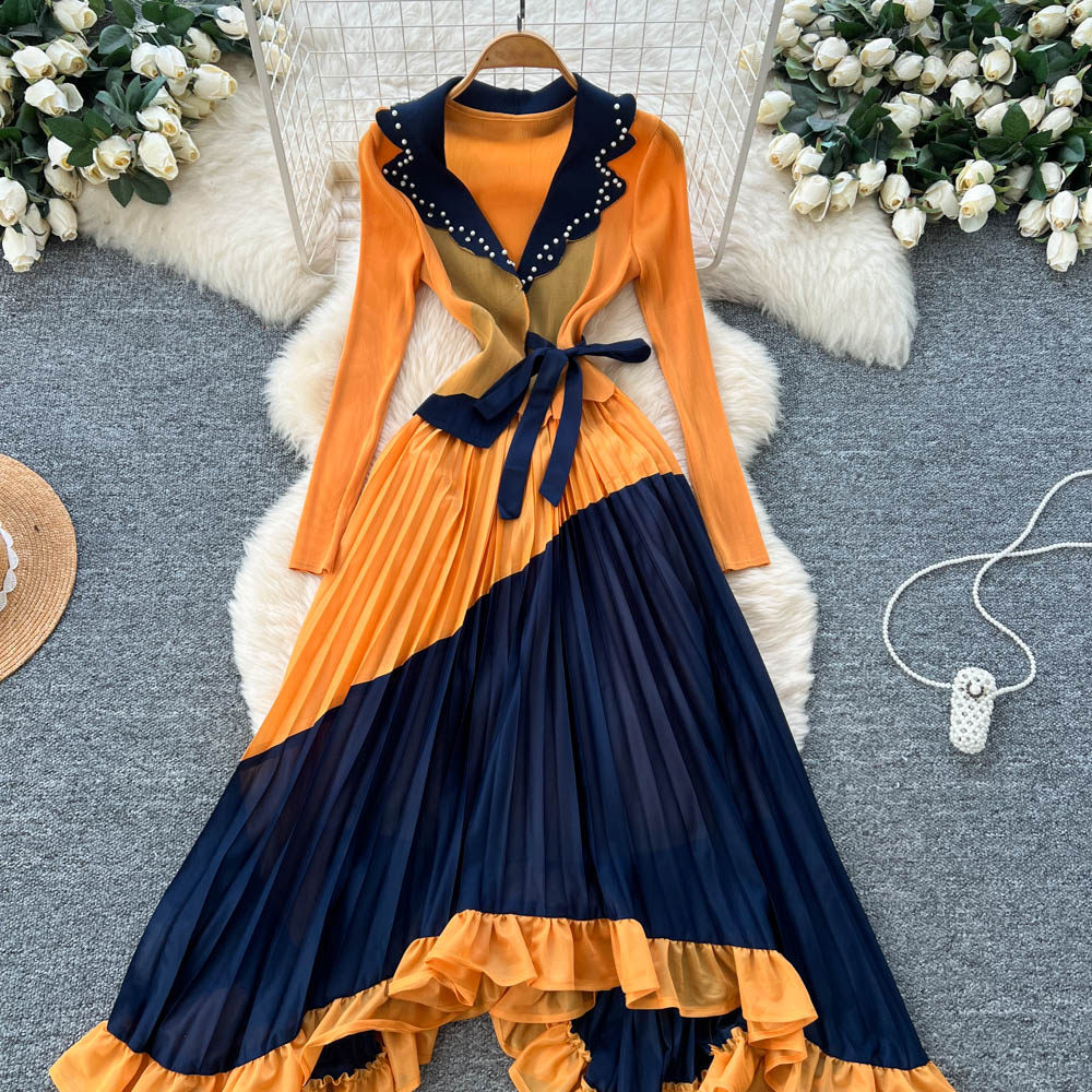 Pleated commuting fashion long sleeve slim dress for women