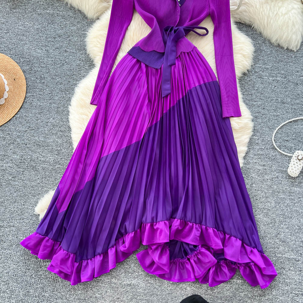 Pleated commuting fashion long sleeve slim dress for women