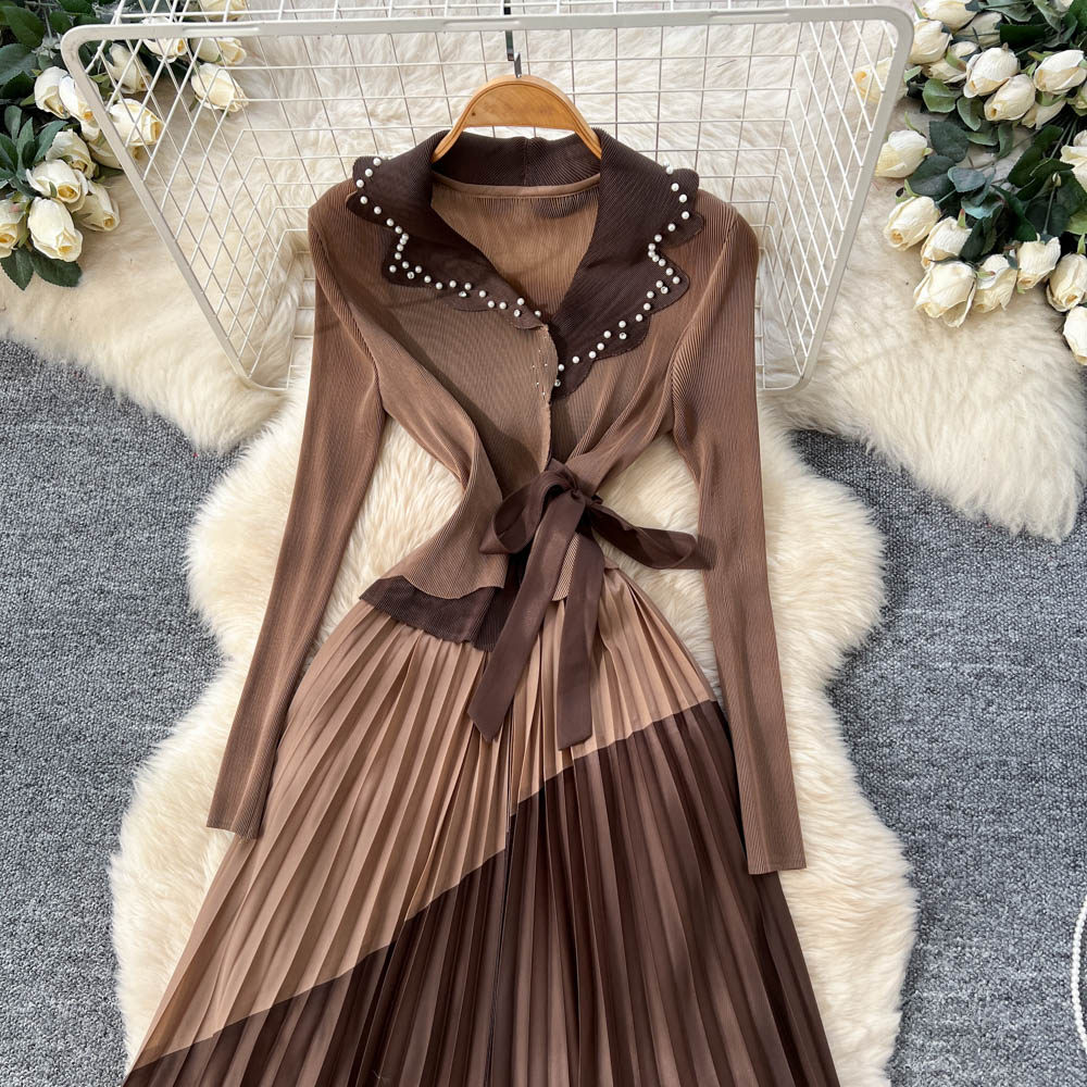 Pleated commuting fashion long sleeve slim dress for women