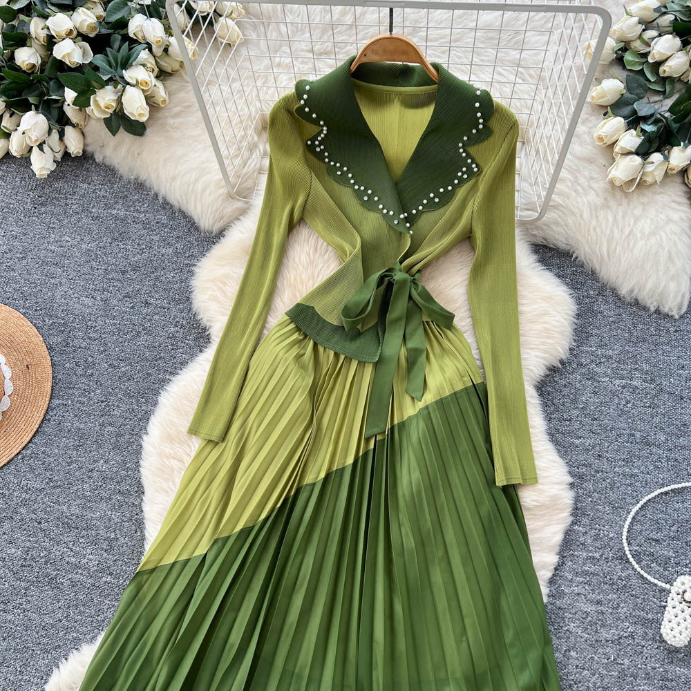 Pleated commuting fashion long sleeve slim dress for women