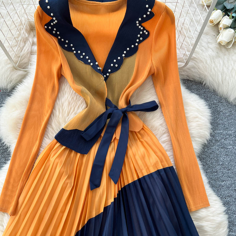 Pleated commuting fashion long sleeve slim dress for women