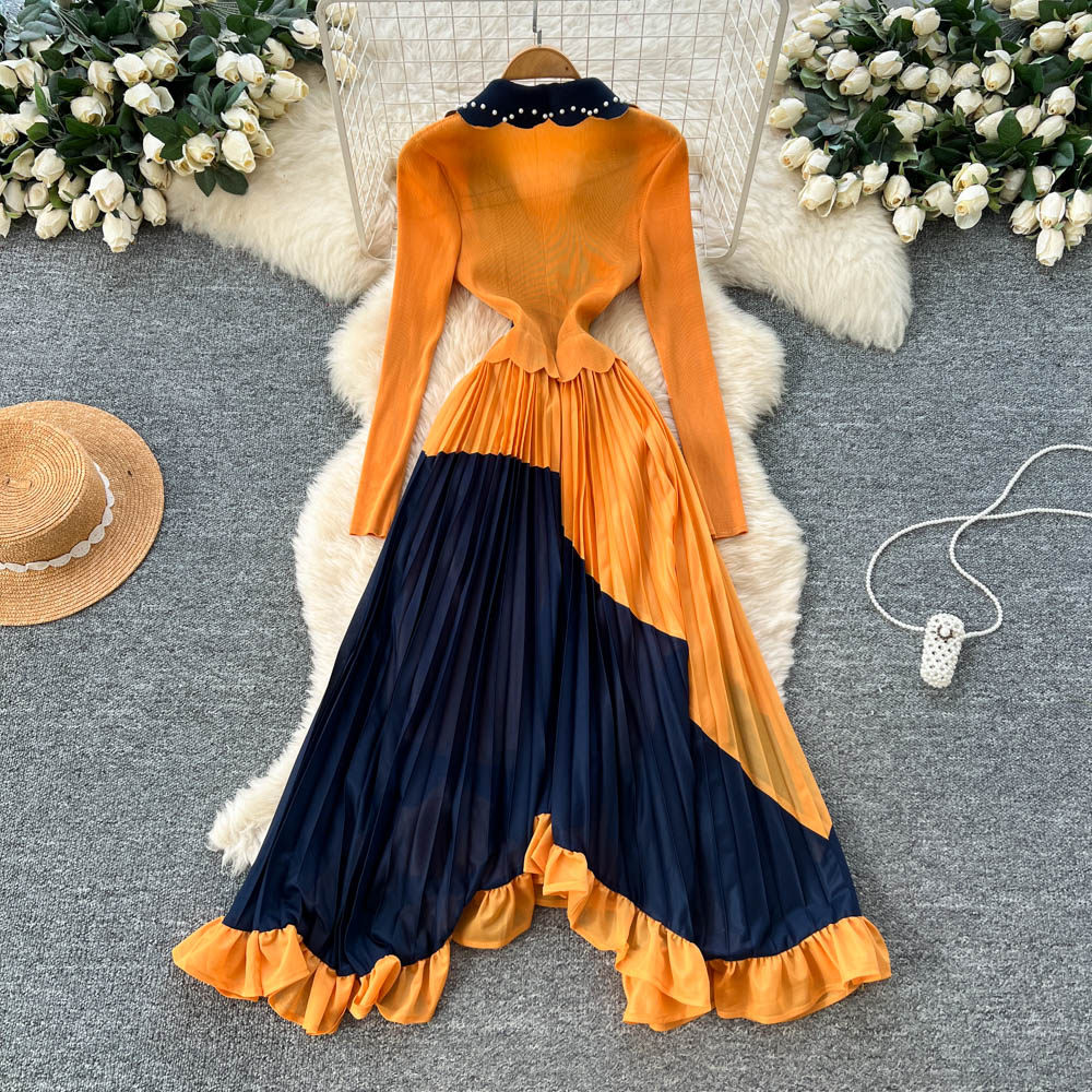 Pleated commuting fashion long sleeve slim dress for women