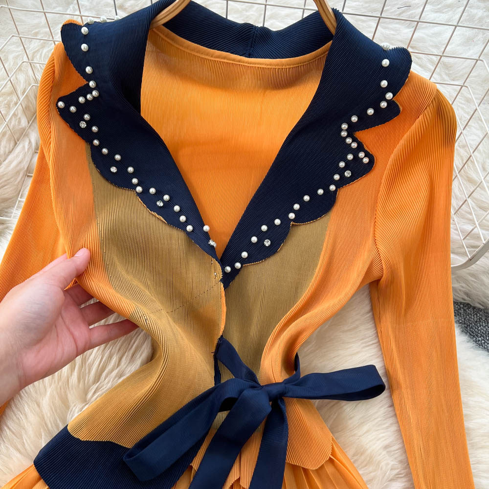 Pleated commuting fashion long sleeve slim dress for women