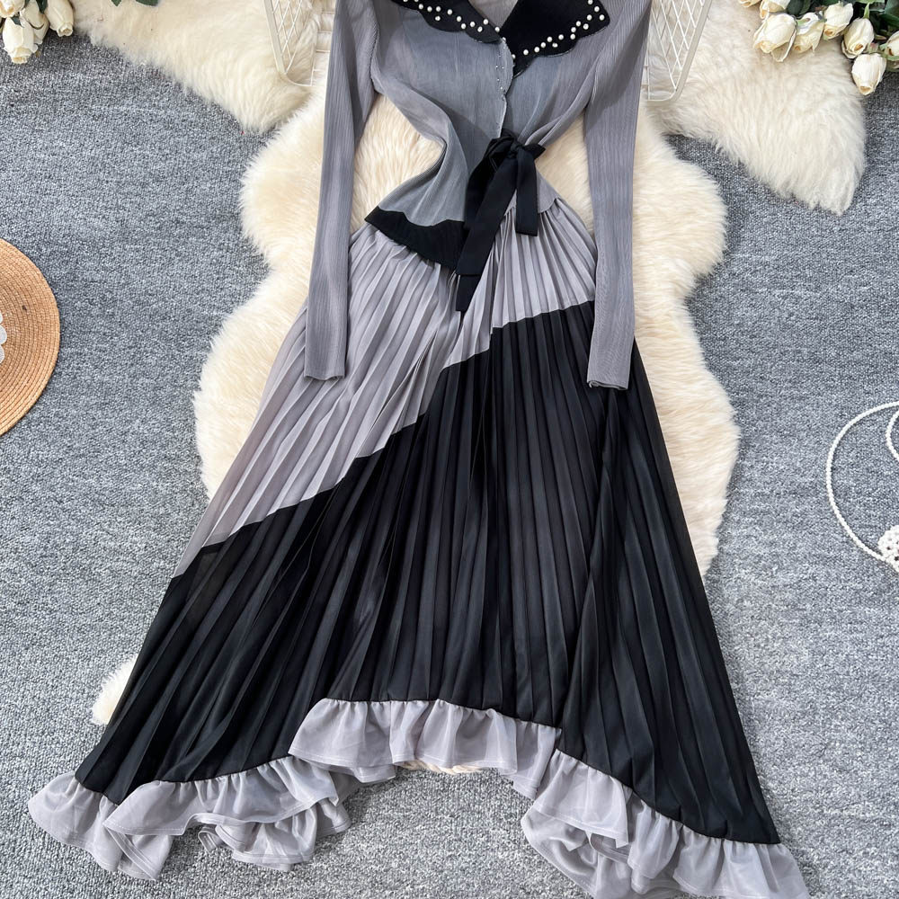 Pleated commuting fashion long sleeve slim dress for women