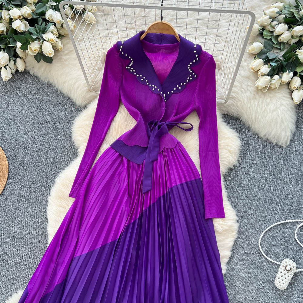 Pleated commuting fashion long sleeve slim dress for women