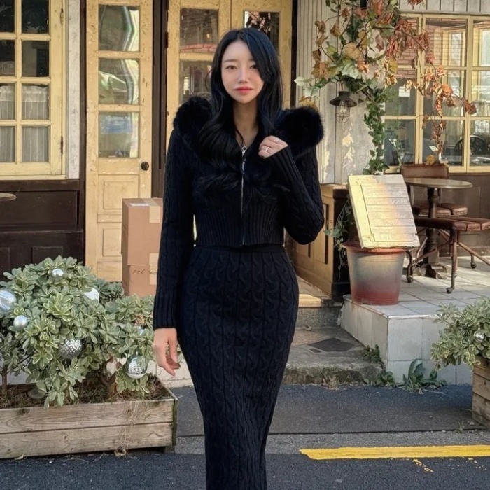Knitted removable skirt hooded fur collar sweater 2pcs set