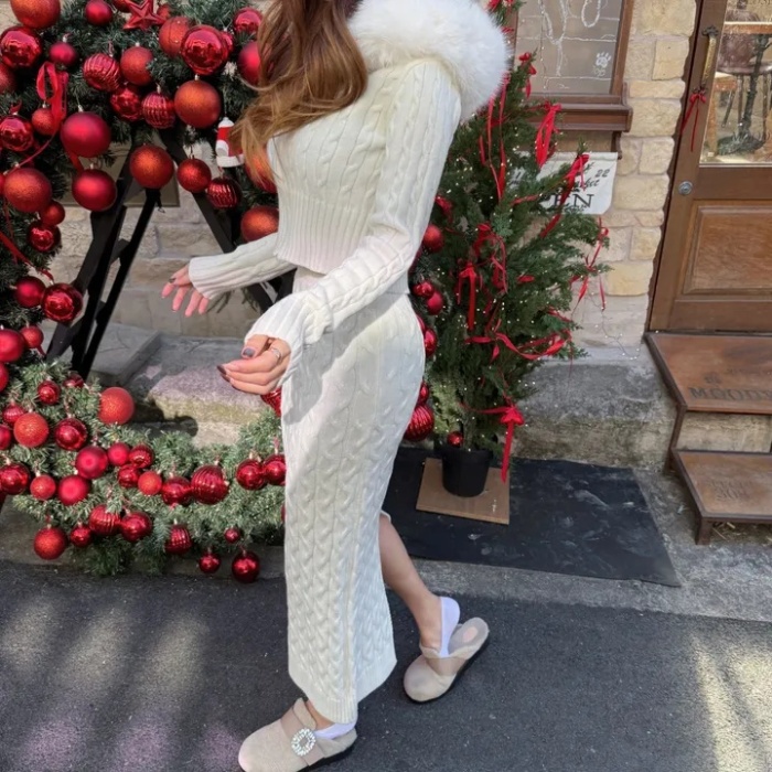 Knitted removable skirt hooded fur collar sweater 2pcs set