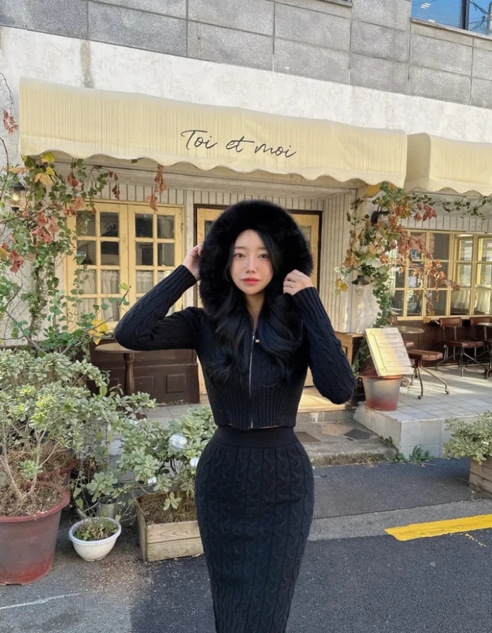 Knitted removable skirt hooded fur collar sweater 2pcs set