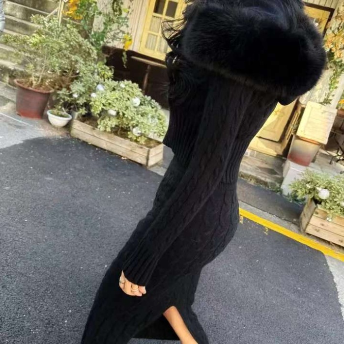 Knitted removable skirt hooded fur collar sweater 2pcs set