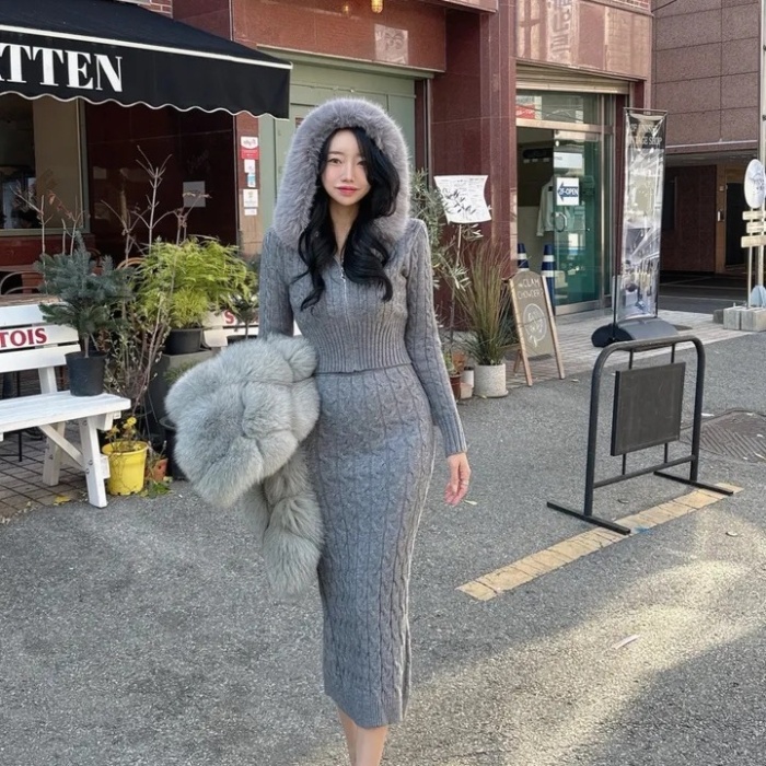 Knitted removable skirt hooded fur collar sweater 2pcs set