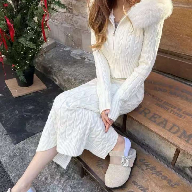 Knitted removable skirt hooded fur collar sweater 2pcs set