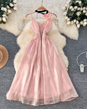 France style slim dress pinched waist vacation long dress