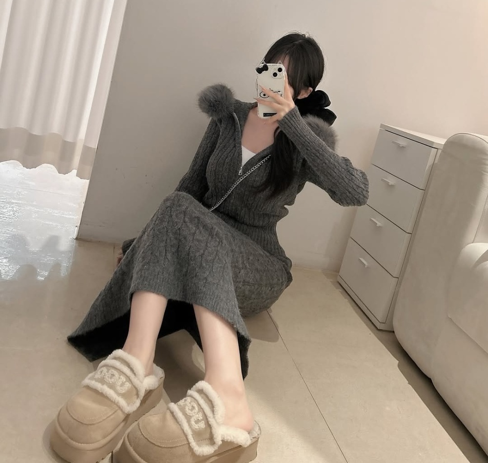 High waist skirt autumn and winter sweater a set for women