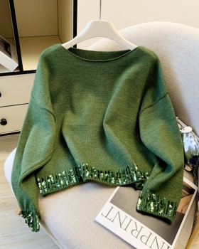 Sequins round neck bottoming shirt niche green tops