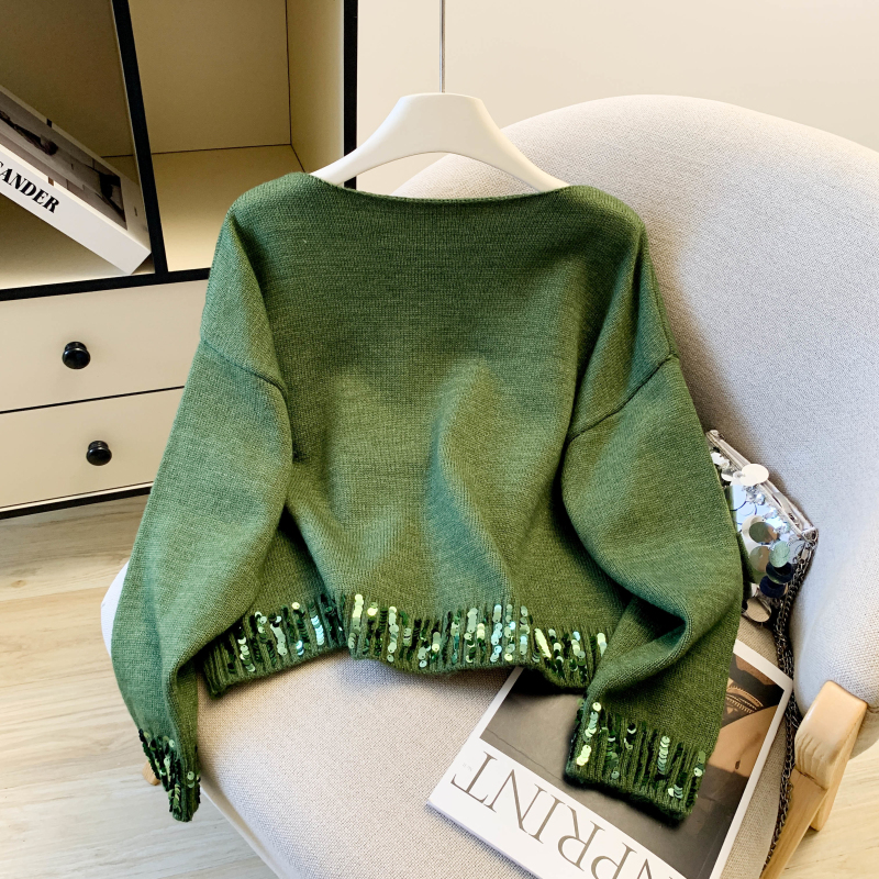 Sequins round neck bottoming shirt niche green tops