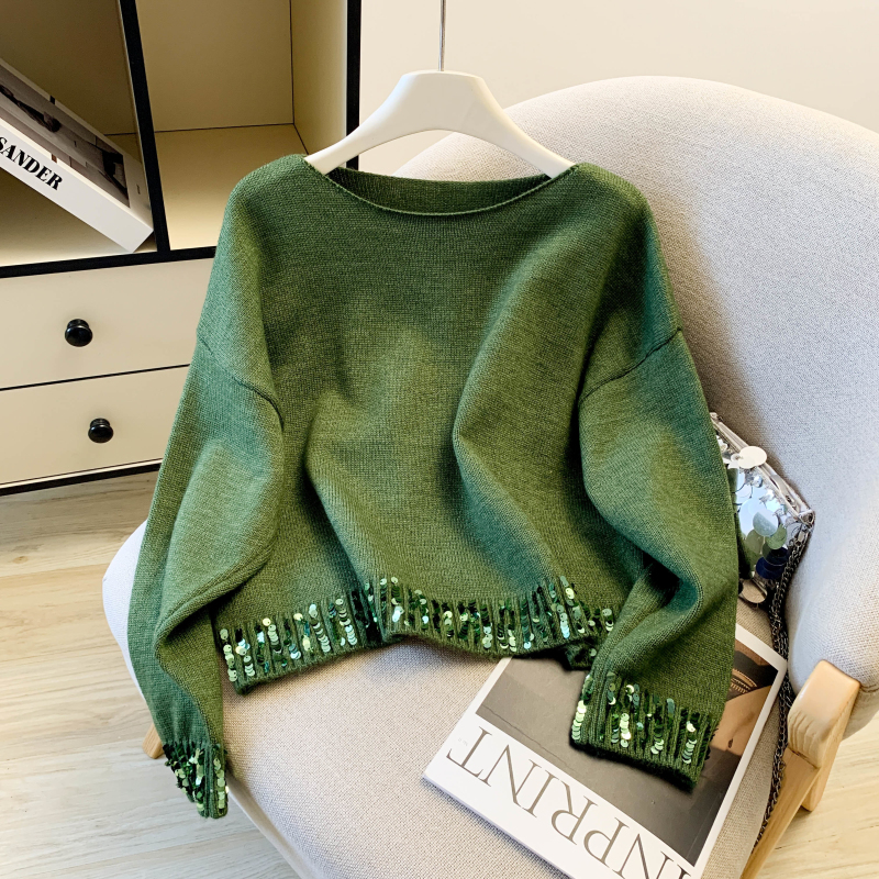 Sequins round neck bottoming shirt niche green tops