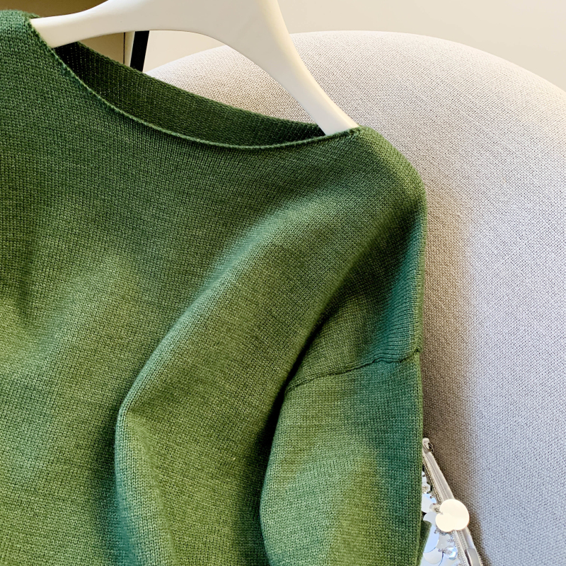 Sequins round neck bottoming shirt niche green tops