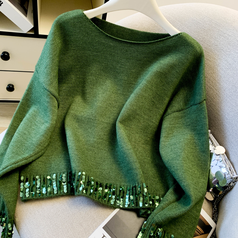 Sequins round neck bottoming shirt niche green tops