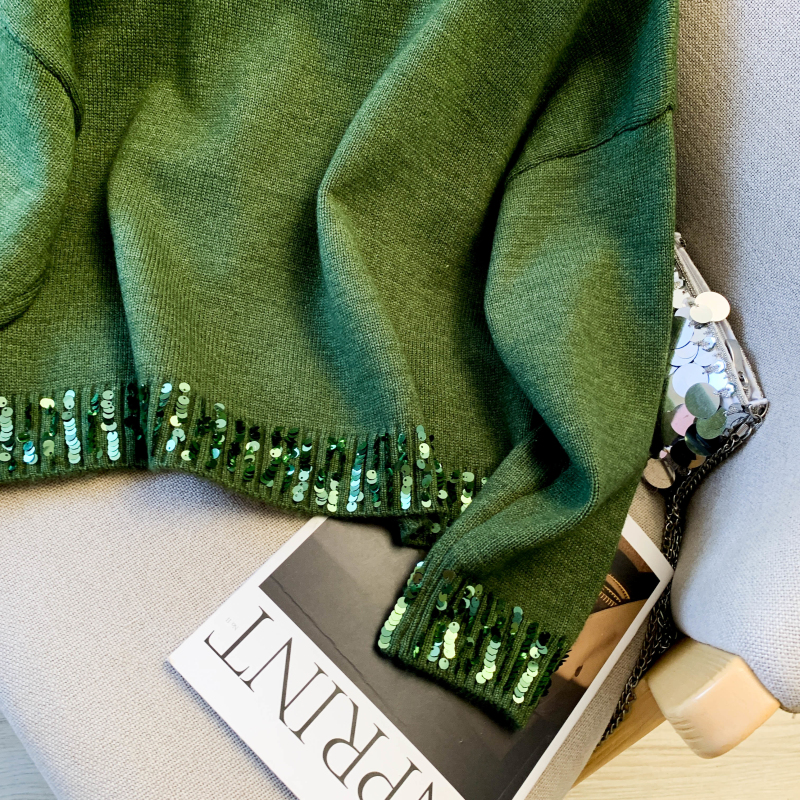 Sequins round neck bottoming shirt niche green tops