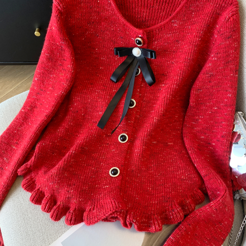 Chanelstyle niche slim coat wood ear bow tops for women