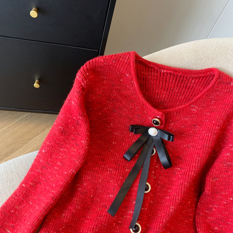 Chanelstyle niche slim coat wood ear bow tops for women