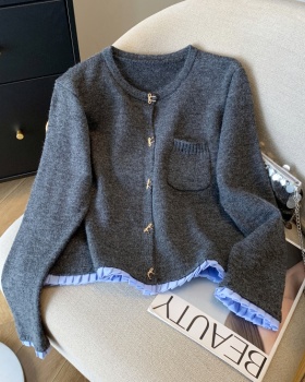 Knitted bow lace buckle chanelstyle splice cardigan