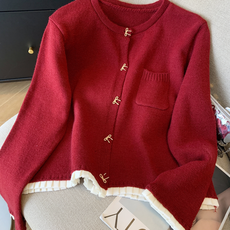 Knitted bow lace buckle chanelstyle splice cardigan