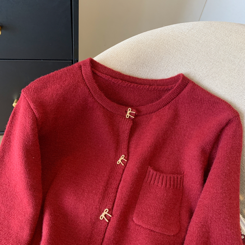 Knitted bow lace buckle chanelstyle splice cardigan