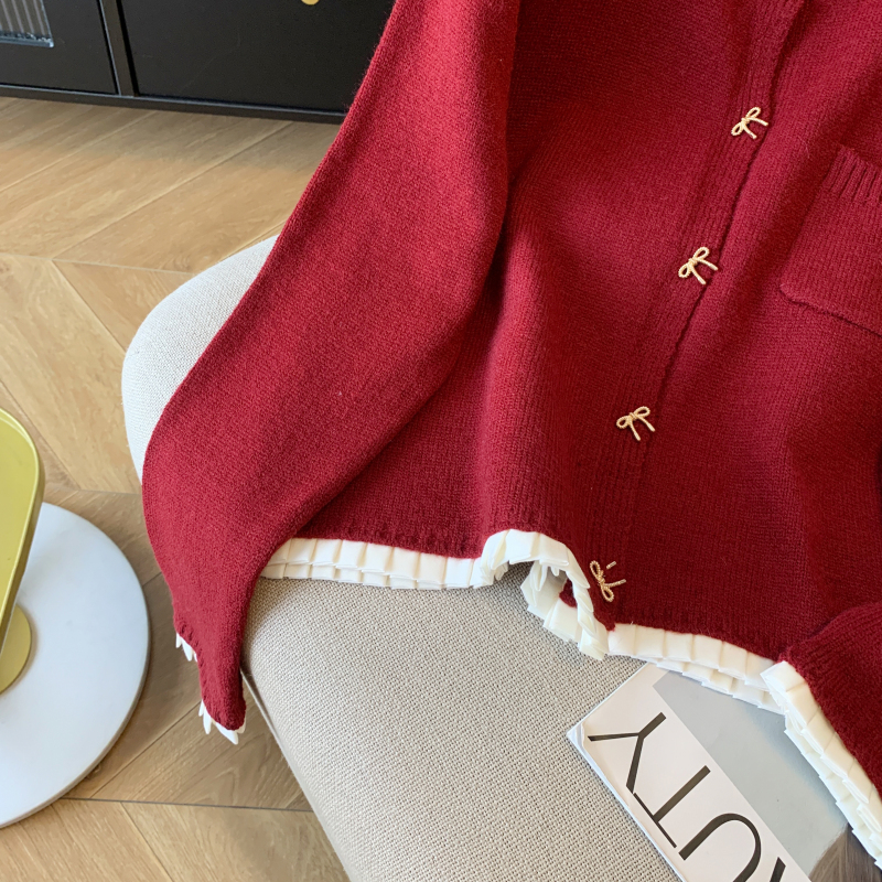 Knitted bow lace buckle chanelstyle splice cardigan