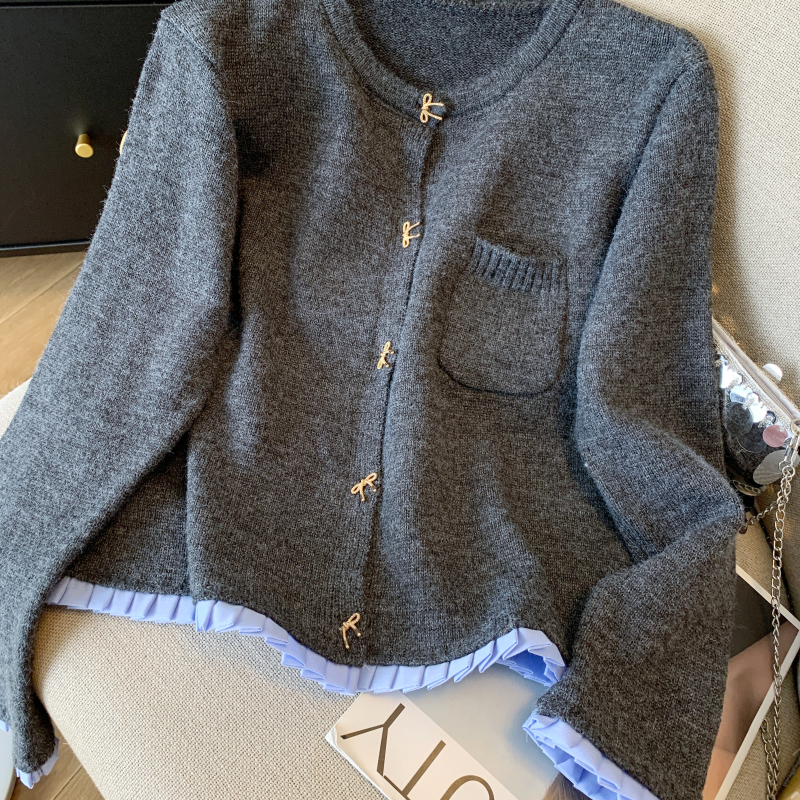 Knitted bow lace buckle chanelstyle splice cardigan