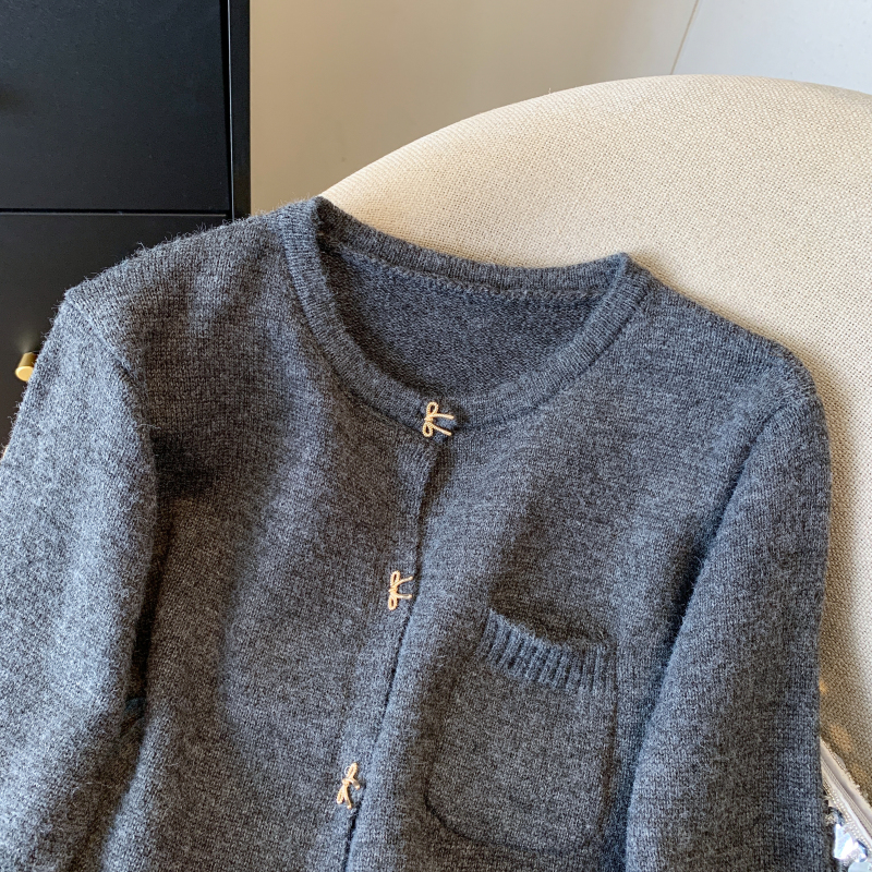 Knitted bow lace buckle chanelstyle splice cardigan